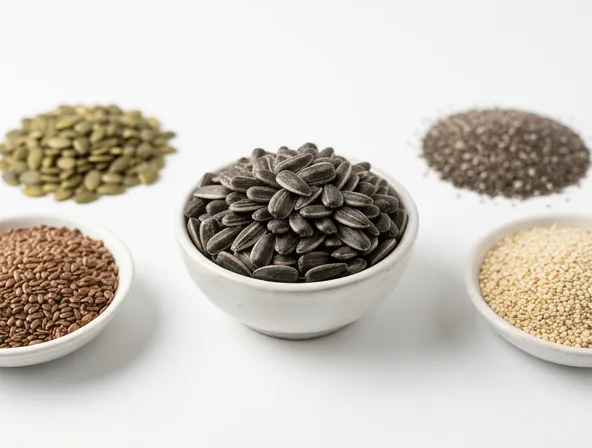 Sunflower seeds in sharp focus compared to other seeds, nutritional comparison visual, white background