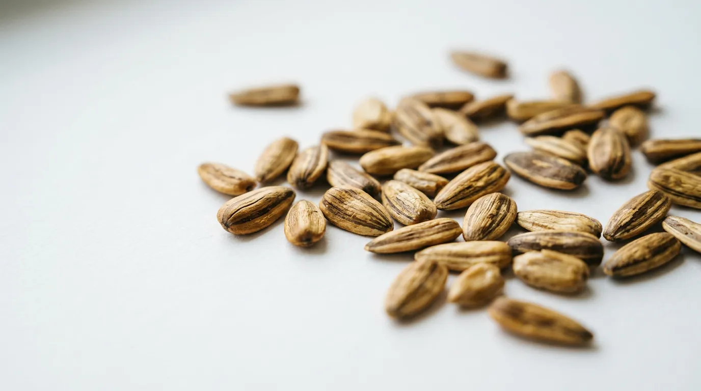 Close-up of golden sunflower seeds scattered on a clean white surface, soft natural light, seeds in sharp focus, minimalist composition