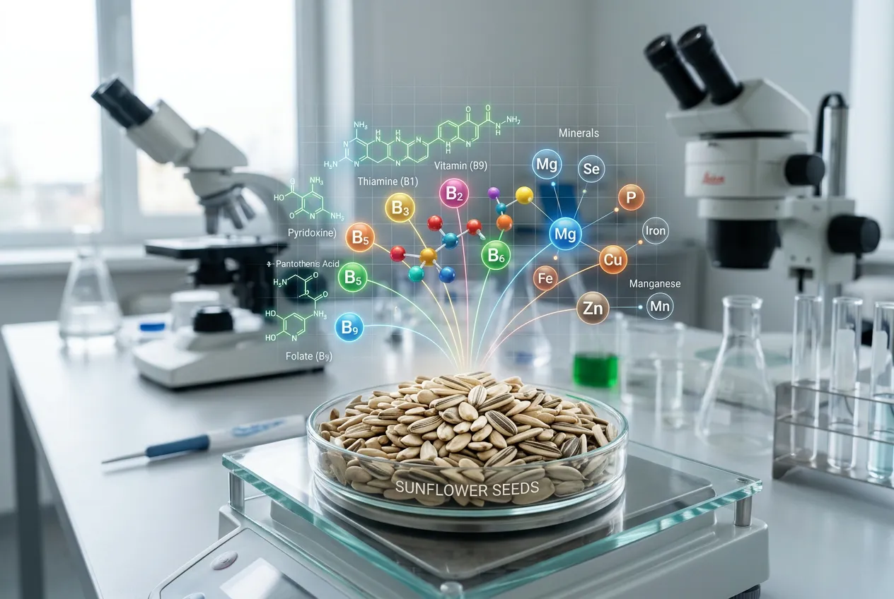 Sunflower seeds with visible nutritional content visualization, vitamins B and minerals concept, clean laboratory setting
